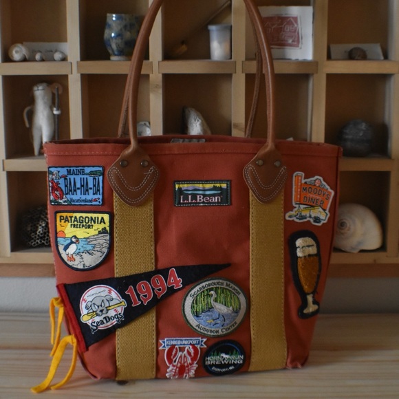 L.L. Bean Canvas and Leather Tote with Maine Patches - Picture 2 of 5